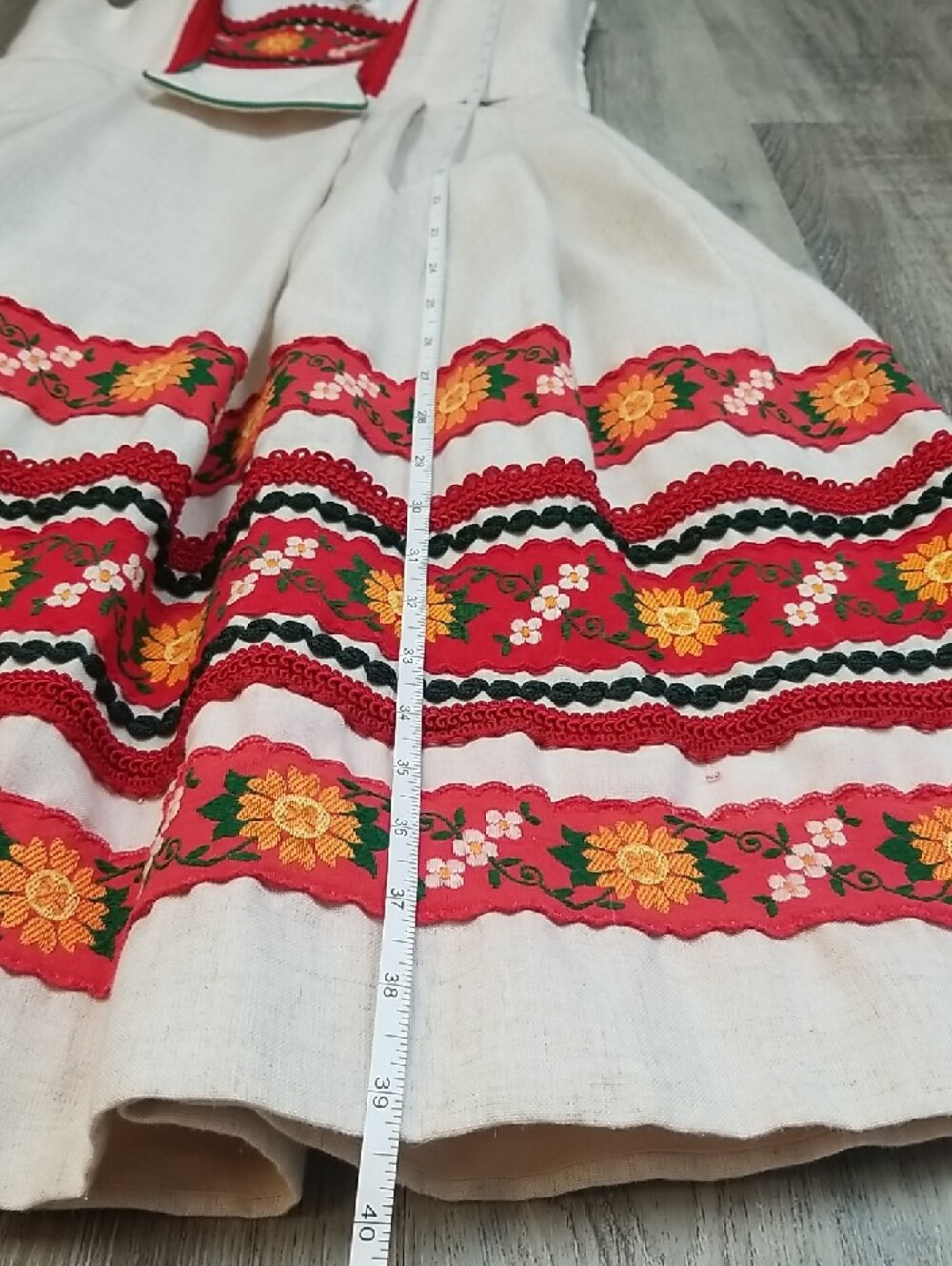 Vintage Dirndl with Red, Orange, Green & White Embroidered Trim - Picture 5 of 8